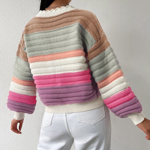 Multicolor Casual Womens Colorblock Scallop Trim Drop Shoulder Cardigan - Picture 2 of 5